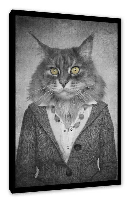 Pixxprint Katzenkopf mit Menschenkörper Blazer B&W Detail, Leinwandbild