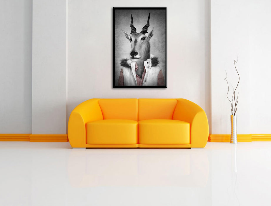 Antilopenkopf mit Menschenkörper B&W Detail Leinwanbild Wohnzimmer Rechteckig