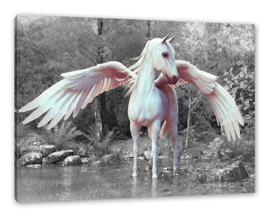 Pixxprint Pegasus im Fluss eines Herbstwaldes B&W Detail, Leinwandbild