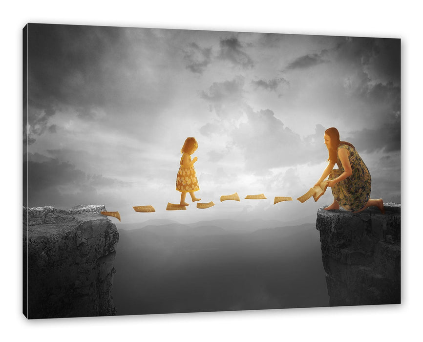 Pixxprint Kind läuft auf Papier über Abgrund B&W Detail, Leinwandbild