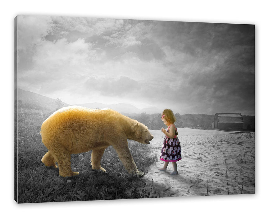 Pixxprint Eisbär im Sommer und Mädchen im Winter B&W Detail, Leinwandbild