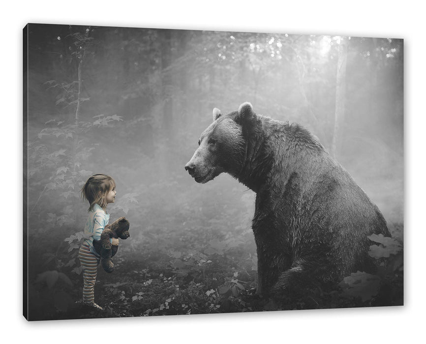 Pixxprint Mädchen mit Teddy und Bär im Wald B&W Detail, Leinwandbild