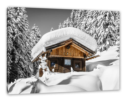 Verschneite Skihütte in Alpenwald B&W Detail Leinwanbild Rechteckig