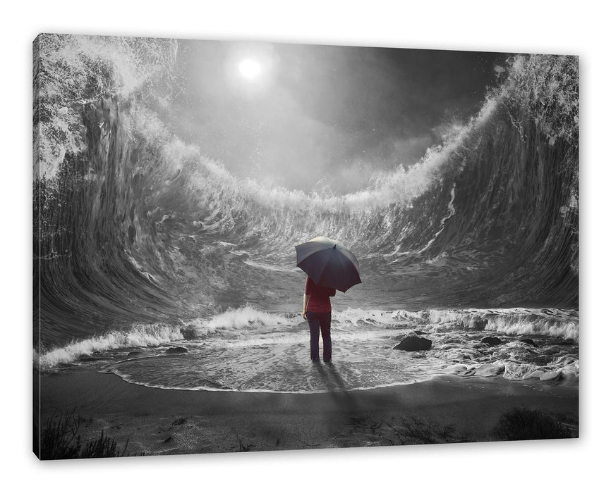 Pixxprint Hohe Wellen um Menschen mit Regenschirm B&W Detail, Leinwandbild
