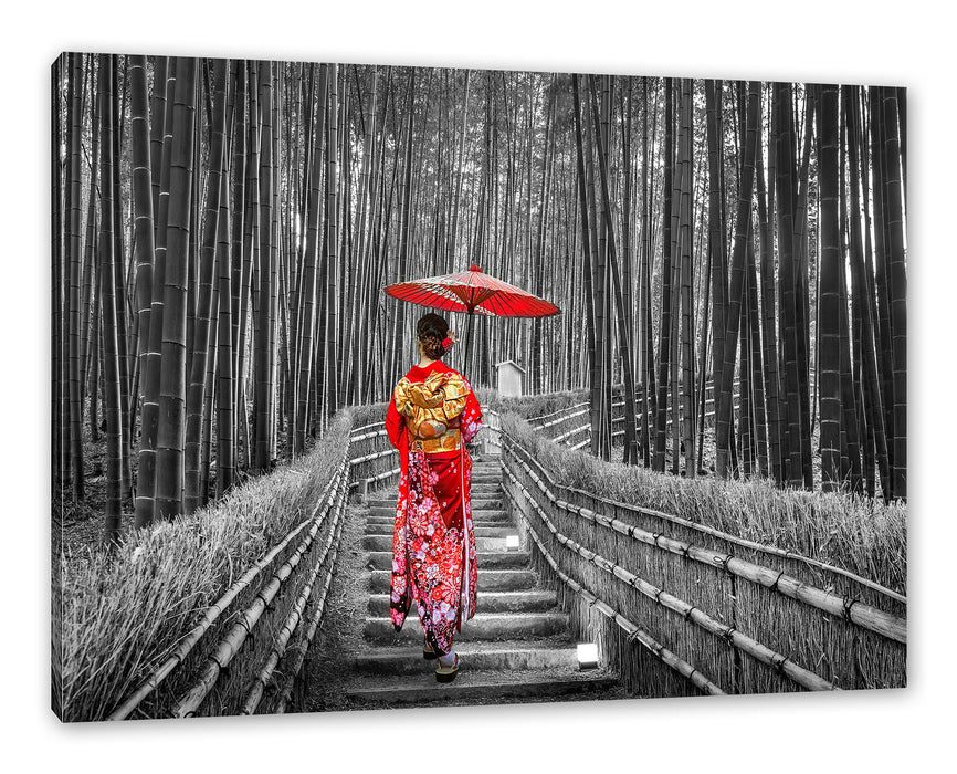 Pixxprint Frau im janapischen Kimono im Bambuswald B&W Detail, Leinwandbild