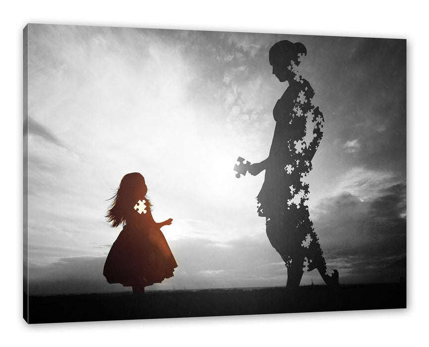 Pixxprint Silhouette Puzzle Mutter und Kind B&W Detail, Leinwandbild