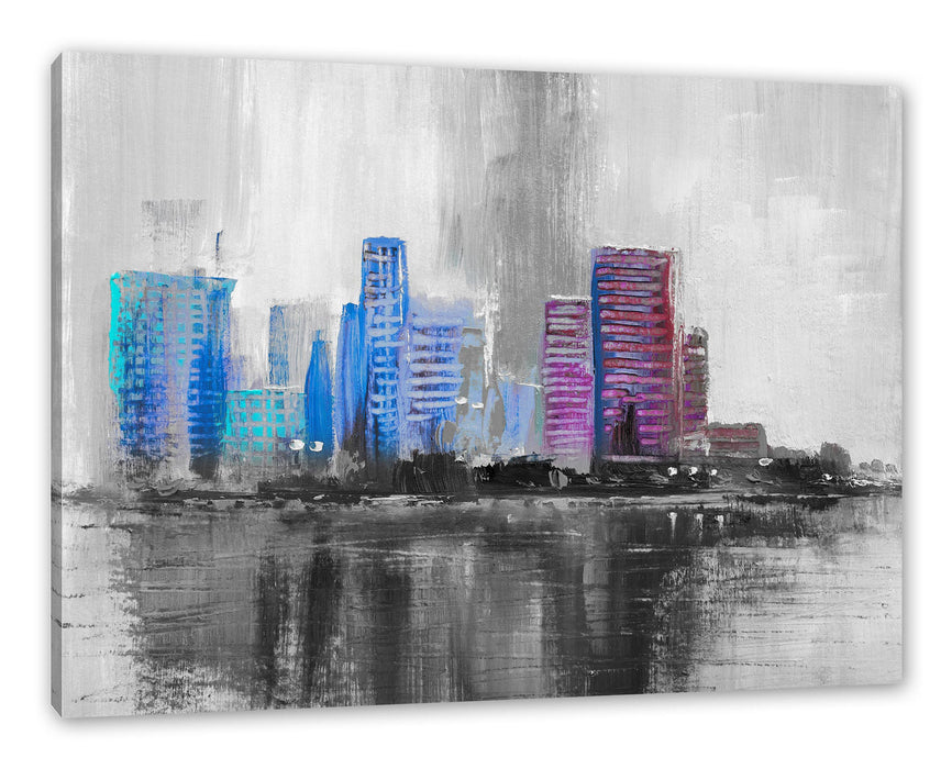 Pixxprint Abstraktes Ölgemälde einer Skyline B&W Detail, Leinwandbild