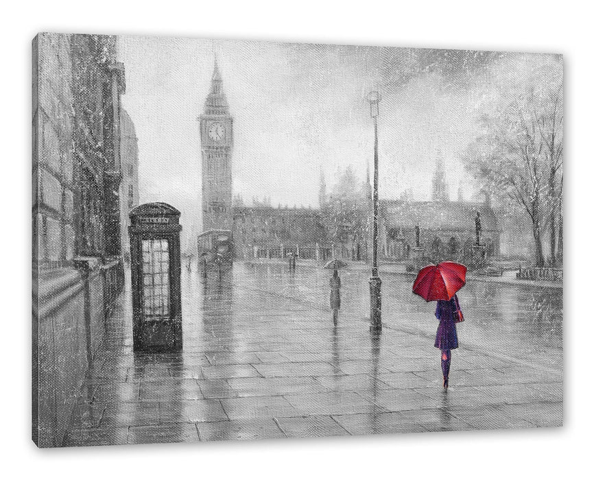 Pixxprint Regentag in London mit Big Ben B&W Detail, Leinwandbild