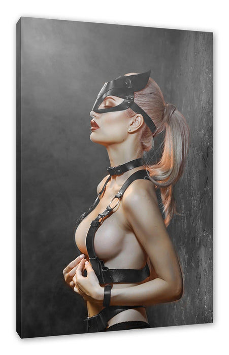 Pixxprint Sexy Blondine in Leder im Rotlicht B&W Detail, Leinwandbild