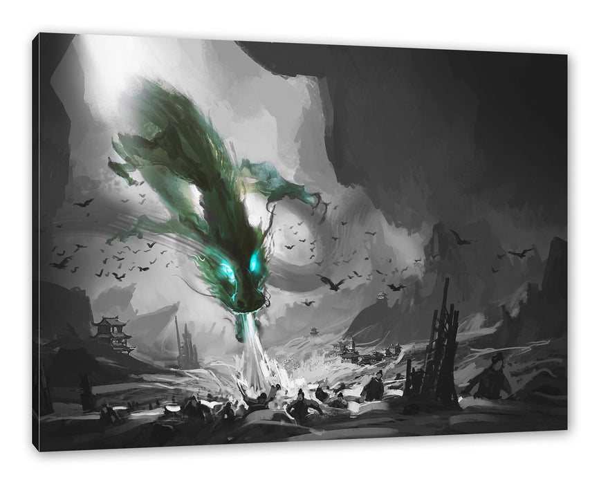 Pixxprint Böser Wasserdrache greift Dorf an B&W Detail, Leinwandbild