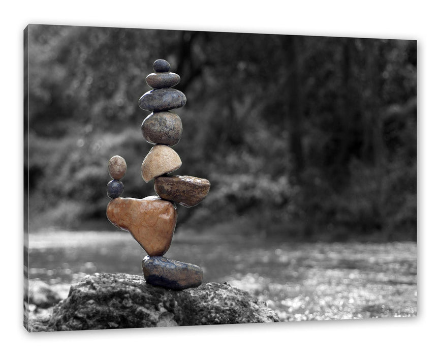 Pixxprint Balanciertes Steinkunstwerk am Fluss B&W Detail, Leinwandbild