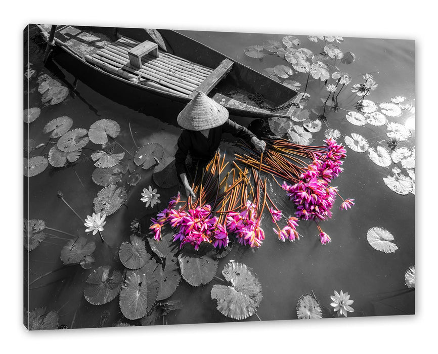 Pixxprint Wasserlilienernte mit Boot in Vietnam B&W Detail, Leinwandbild