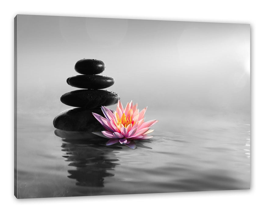 Pixxprint Zensteine mit Seerose im Sonnenuntergang B&W Detail, Leinwandbild