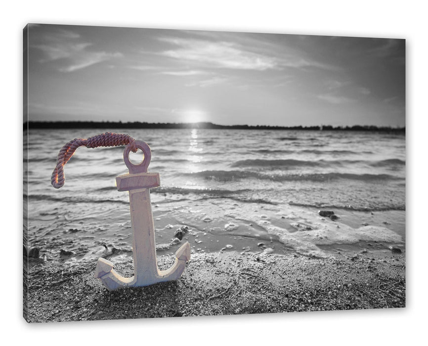 Pixxprint Anker am Ostseestrand im Sonnenuntergang B&W Detail, Leinwandbild
