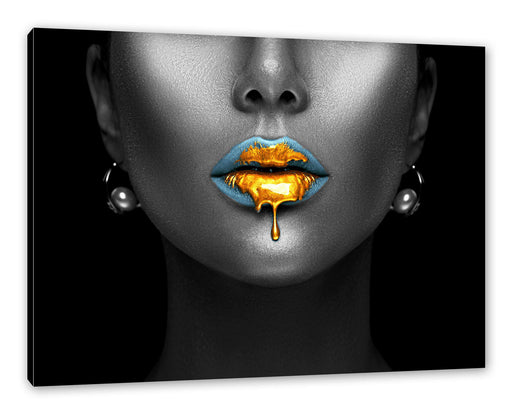 Frauenmund mit goldenem Gloss B&W Detail Leinwanbild Rechteckig