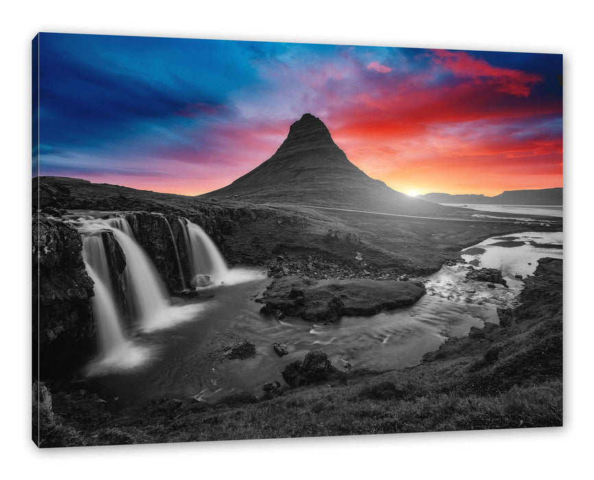 Pixxprint Kirkjufell Vulkan im Sonnenuntergang B&W Detail, Leinwandbild