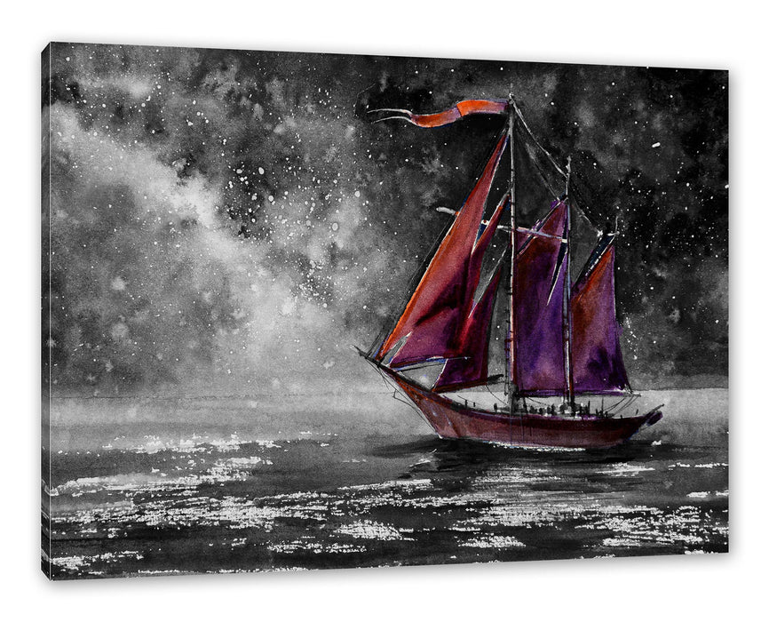 Pixxprint Rotes Segelboot in Sternenheller Nacht B&W Detail, Leinwandbild