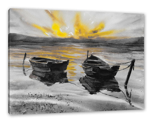 Zwei angeleinte Boote bei Sonnenuntergang B&W Detail Leinwanbild Rechteckig