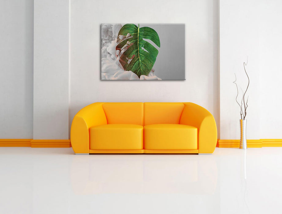 Monstera Blatt mit Pastelwolke B&W Detail Leinwanbild Wohnzimmer Rechteckig