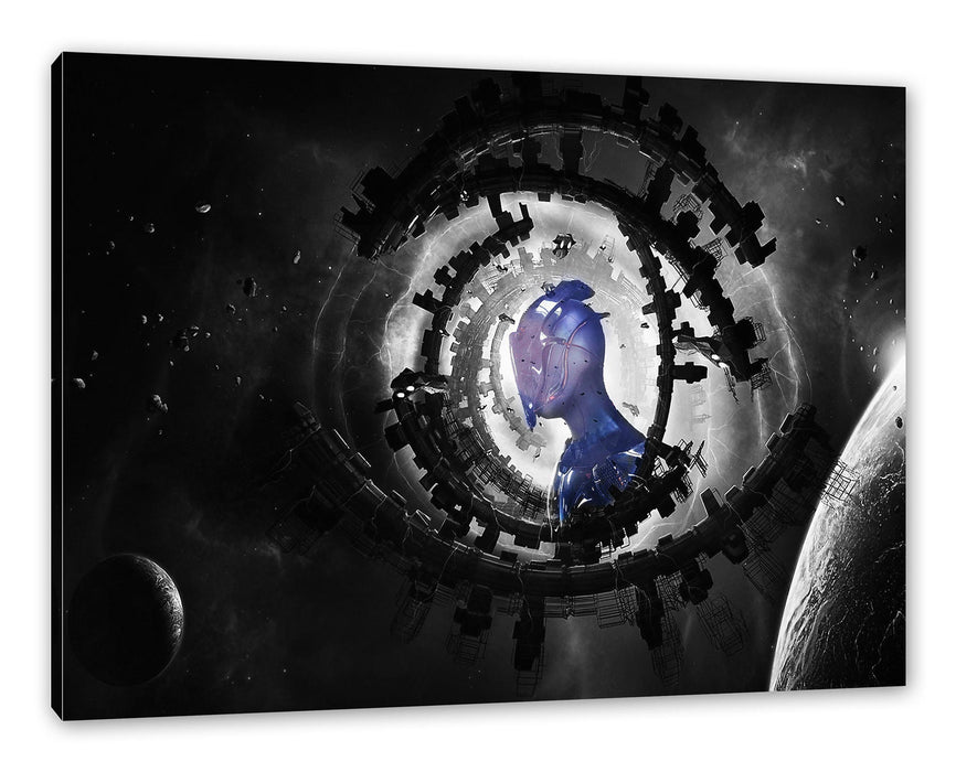 Pixxprint Abstraktes Auge mit Alien im Weltraum B&W Detail, Leinwandbild