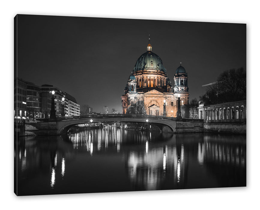 Pixxprint Berliner Dom an der Spree bei Nacht B&W Detail, Leinwandbild