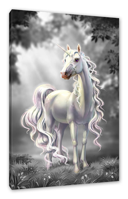 Pixxprint Pink äugiges Einhorn im rosa Märchenwald B&W Detail, Leinwandbild