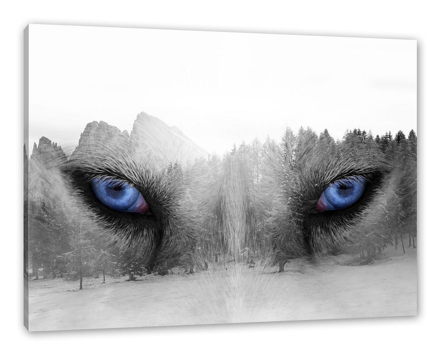 Pixxprint Overlay Wolfsaugen über Winterwald B&W Detail, Leinwandbild