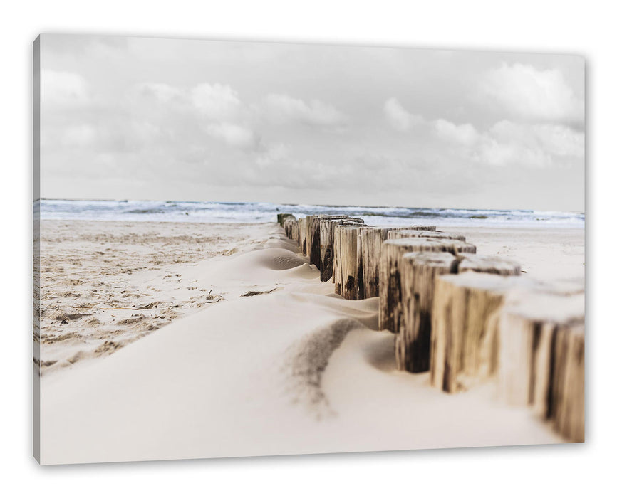 Pixxprint Nahaufnahme Steg aus Holzpföcken am Meer B&W Detail, Leinwandbild