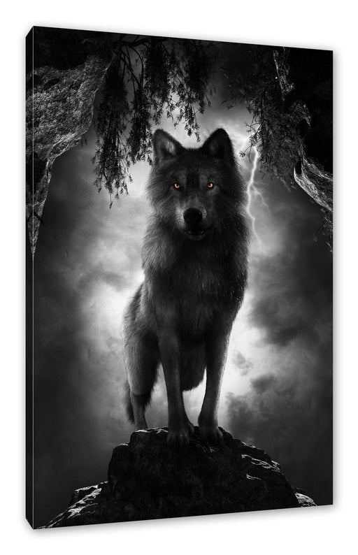 Böser Wolf bei Gewitter im Höhleneingang B&W Detail Leinwanbild Rechteckig