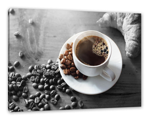 Tasse Kaffee mit Bohnen und Croissant B&W Detail Leinwanbild Rechteckig