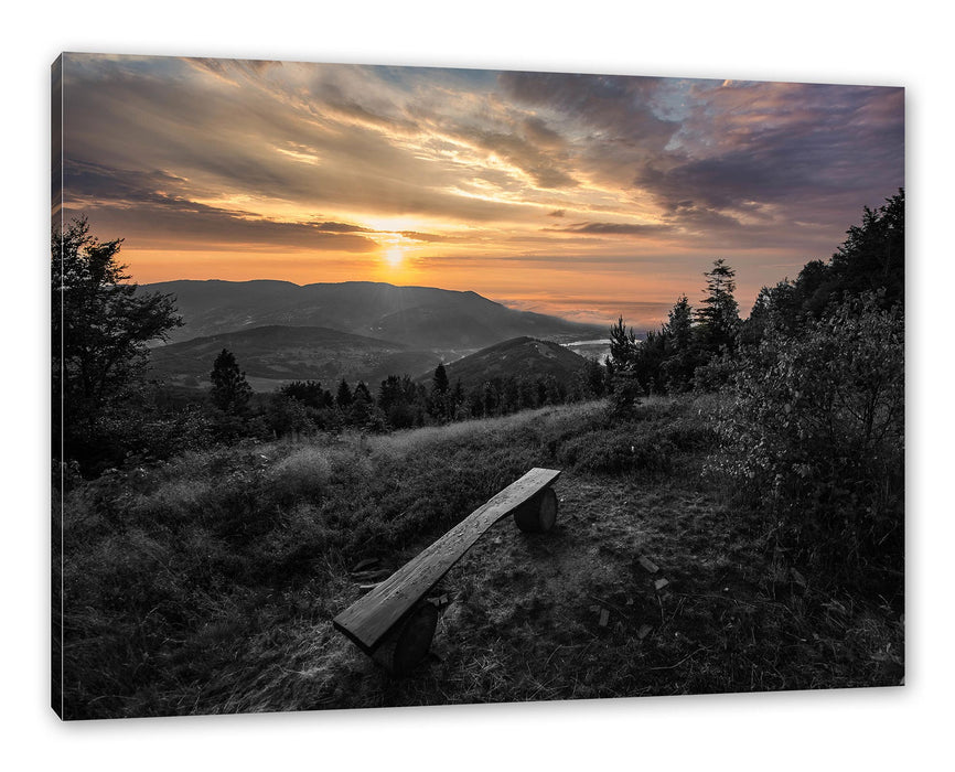 Pixxprint Bank auf Berggipfel bei Sonnenuntergang B&W Detail, Leinwandbild