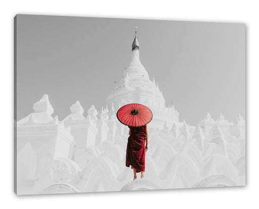 Mönch in rotem Gewand vor weißem Tempel B&W Detail Leinwanbild Rechteckig