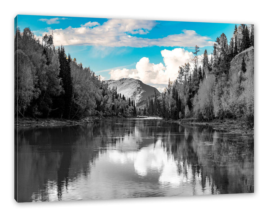 Pixxprint Bergsee mit Herbstwald B&W Detail, Leinwandbild