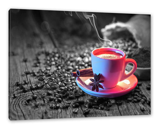 Kaffeetasse mit Bohnen auf Holztisch B&W Detail Leinwanbild Rechteckig