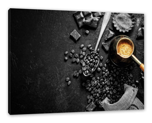Kaffeebohnen und Schokolade von oben B&W Detail Leinwanbild Rechteckig