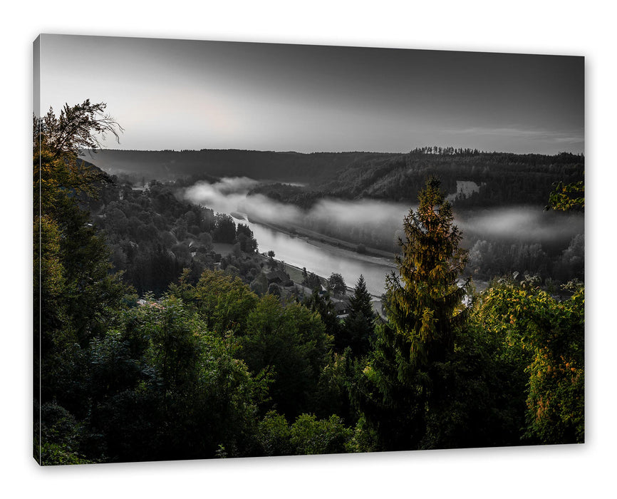 Pixxprint Nebel über Fluss bei Sonnenaufgang B&W Detail, Leinwandbild