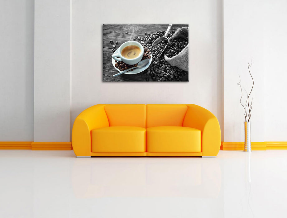 Espressotasse mit Kaffeebohnen B&W Detail Leinwanbild Wohnzimmer Rechteckig