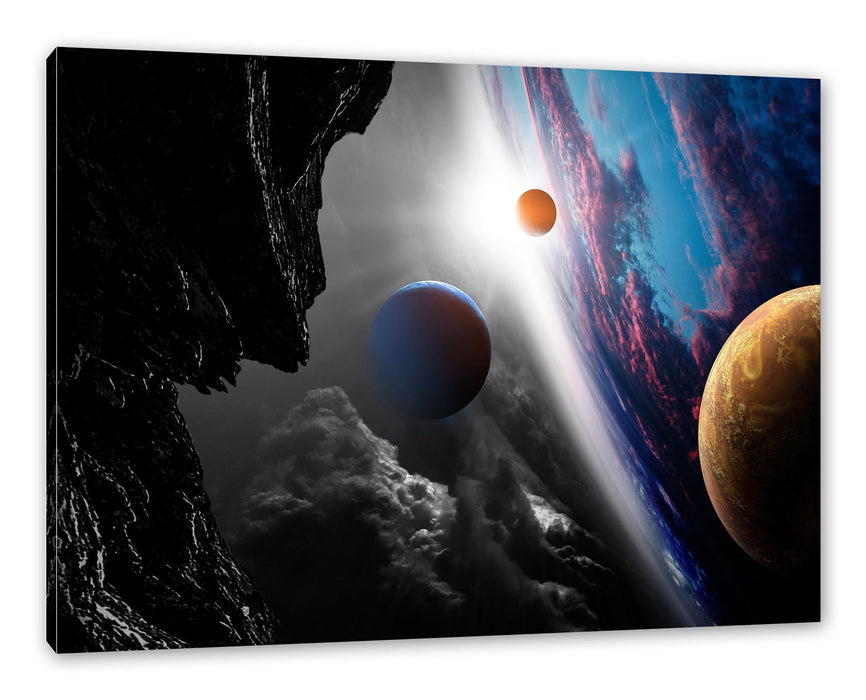 Pixxprint Abstrakte Planeten im Weltraum B&W Detail, Leinwandbild