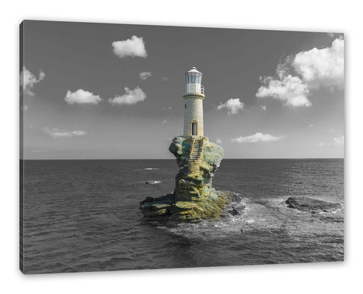 Leuchtturm auf kleiner Insel im Meer B&W Detail Leinwanbild Rechteckig