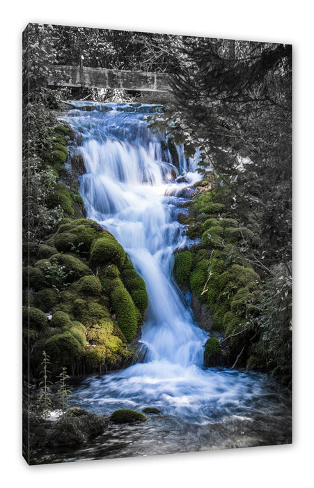 Pixxprint Wasserfall im grünen Wald B&W Detail, Leinwandbild