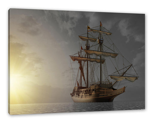 Großes Segelschiff im Sonnenuntergang B&W Detail Leinwanbild Rechteckig