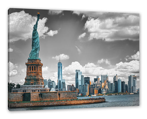 Freiheitsstatue mit New Yorker Skyline B&W Detail Leinwanbild Rechteckig