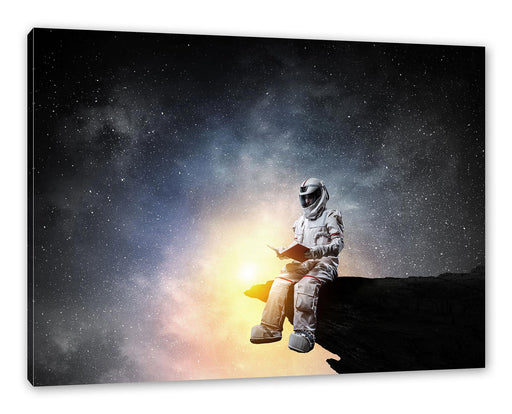 Lesender Astronaut auf Vorsprung vor Galaxie B&W Detail Leinwanbild Rechteckig