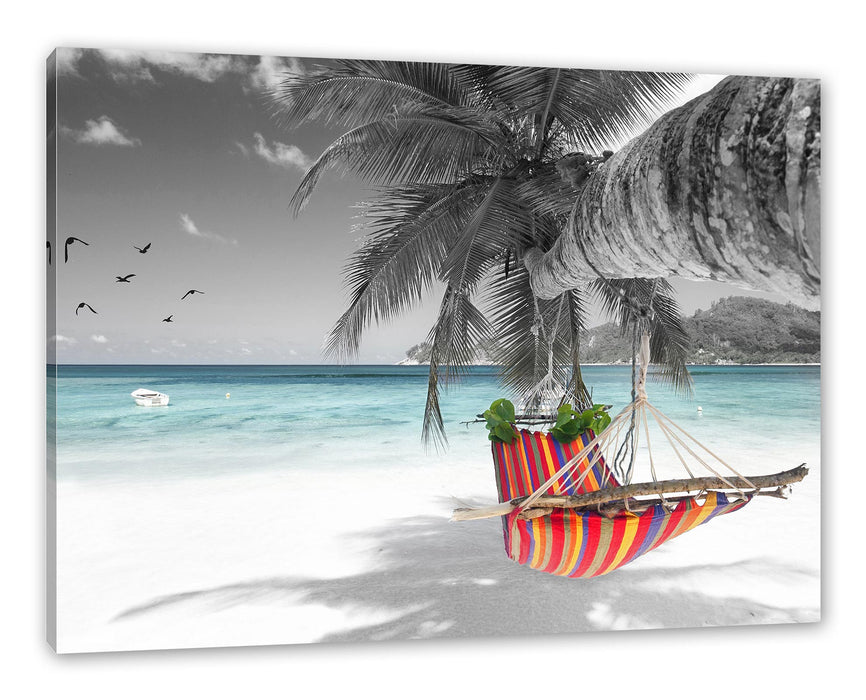 Pixxprint Bunte Hängematte am Traumstrand B&W Detail, Leinwandbild