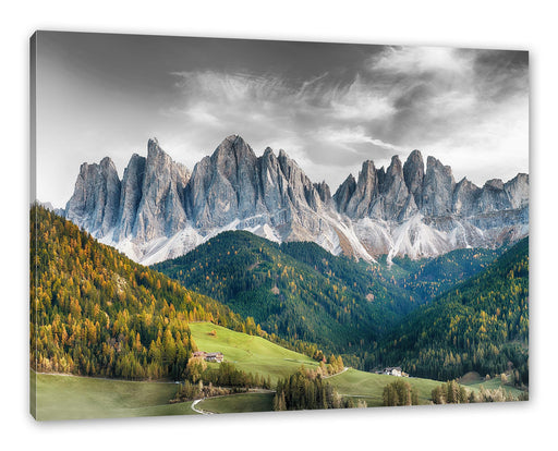 Bunte Waldlandschaft vor den Dolomiten B&W Detail Leinwanbild Rechteckig