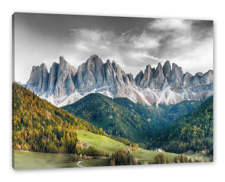 Pixxprint Bunte Waldlandschaft vor den Dolomiten B&W Detail, Leinwandbild