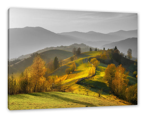 Hügelige Herbstlandschaft bei Sonnenuntergang B&W Detail Leinwanbild Rechteckig