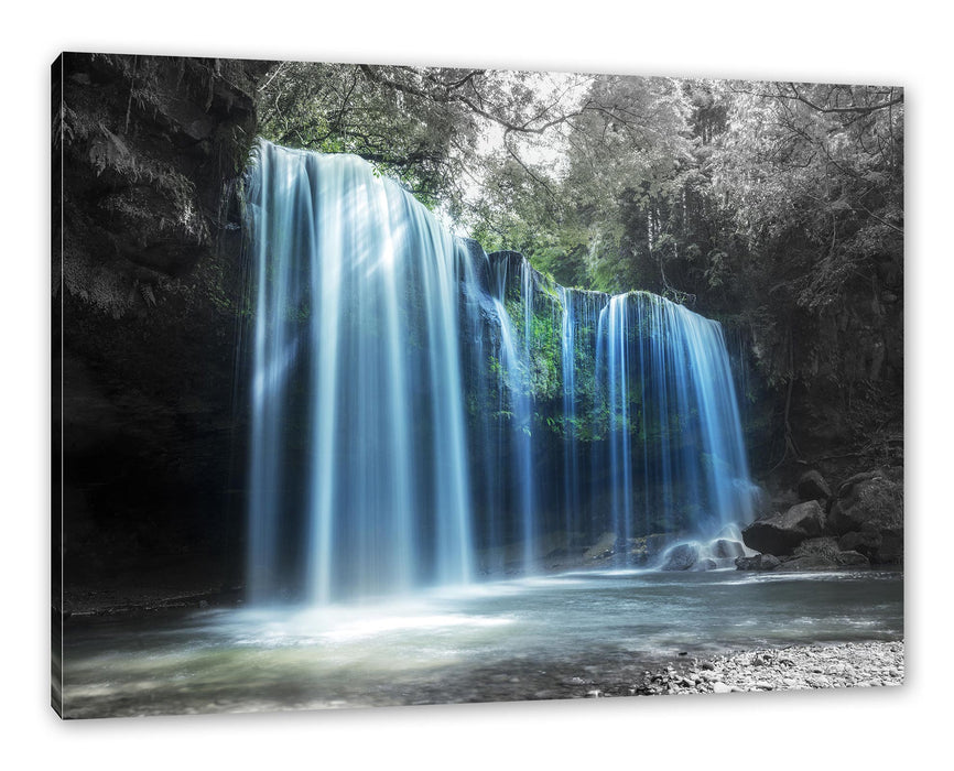 Pixxprint Tropischer Wasserfall im Wald B&W Detail, Leinwandbild