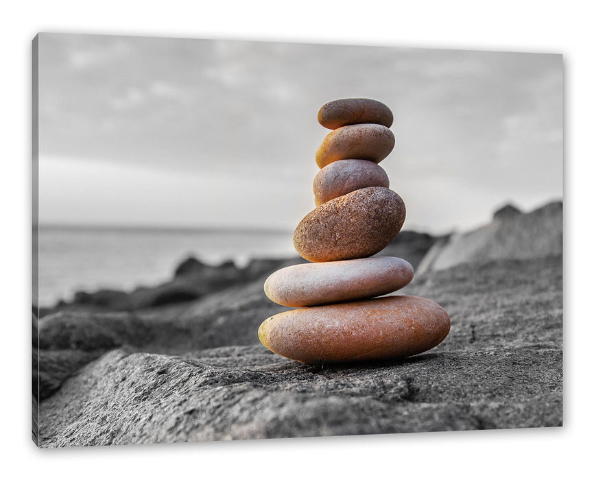 Pixxprint Kieselpyramide im Sonnenuntergang B&W Detail, Leinwandbild