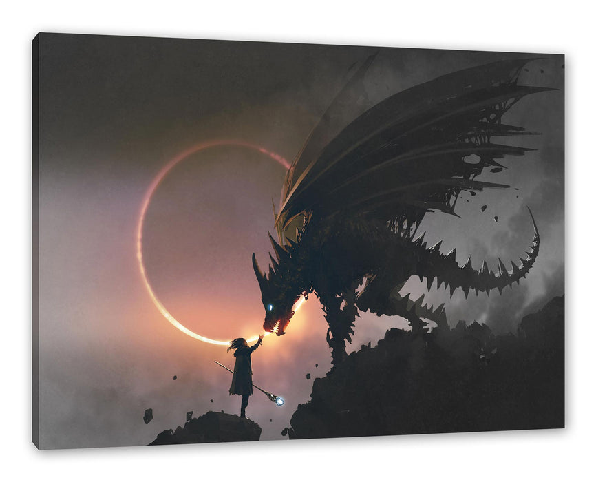 Pixxprint Zauberer und Drache bei Sonnenfinsternis B&W Detail, Leinwandbild